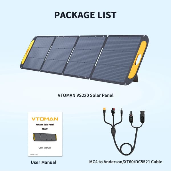 VTOMAN VS220 Solpanel, 220W Maksimal Effekt, Vandtæt IP67, Foldbart Design,VS220