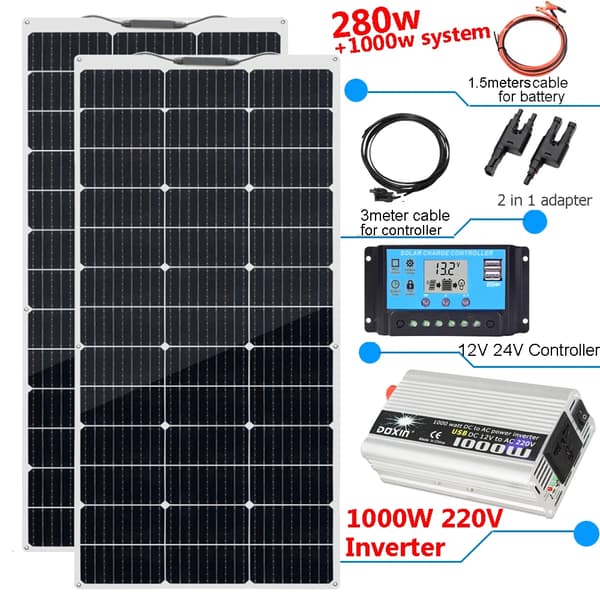 12V Aurinkopaneelisarja, 280W Kaksoispaneelijärjestelmä, Sisältää Lataussäätimen,280w x 220v 1000w