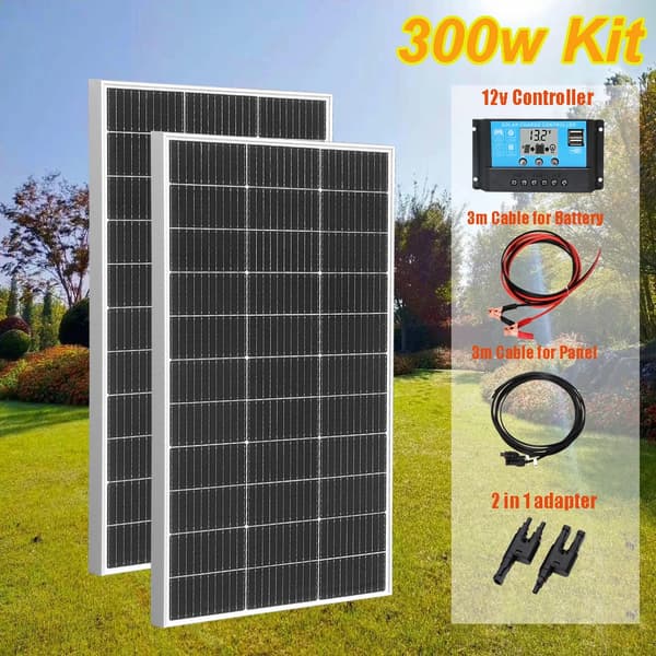 Solpanel, 600w maksimal effekt, monokrystallinsk effektivitet 21,8%, vejrbestandigt design,300w 2stk 150w kit