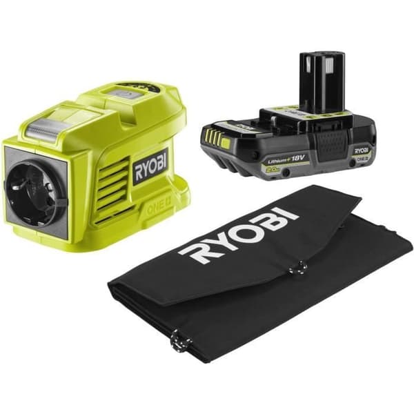 Matkasetti - RYOBI - 21 W aurinkopaneeli + RY18BI150B-0 muuntaja/laturi + 1 18 V 2.0 Ah litium-ioniakku