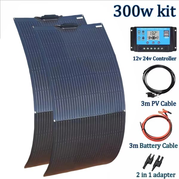 Fleksibelt solpanel, 12V 24V kit, letvægts- og holdbart design,300w 12v 24v sæt