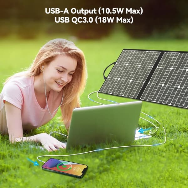 Bärbar Solpanel, 100W Effektutgång, USB Laddningsportar,18V-100W
