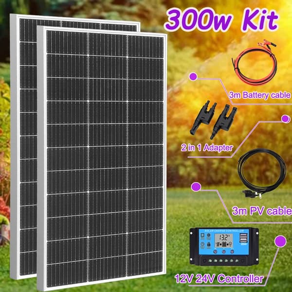 Solpanelkit, 300W effektudgang, 3m batteri- og PV-kabler,300w 2 stk 150w sæt