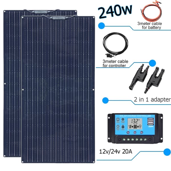 Fleksibelt solpanel kit, 120W eller 240W effektudgang, 12V/24V kompatibilitet,240w sæt