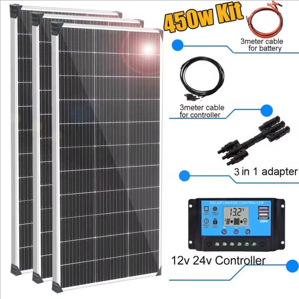 Solpanel, 150W effekt, 21% effektivitet, 1045 x 550 x 25 mm storlek,450w 3st 150w kit