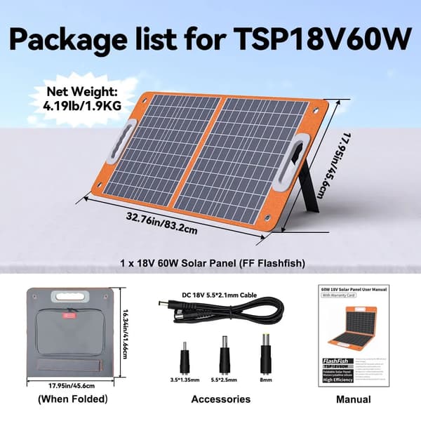 Foldbart Solpanel, 21,5%-23,5% Konverteringsrate, 45W USB-C Udgange,TSP18V60W