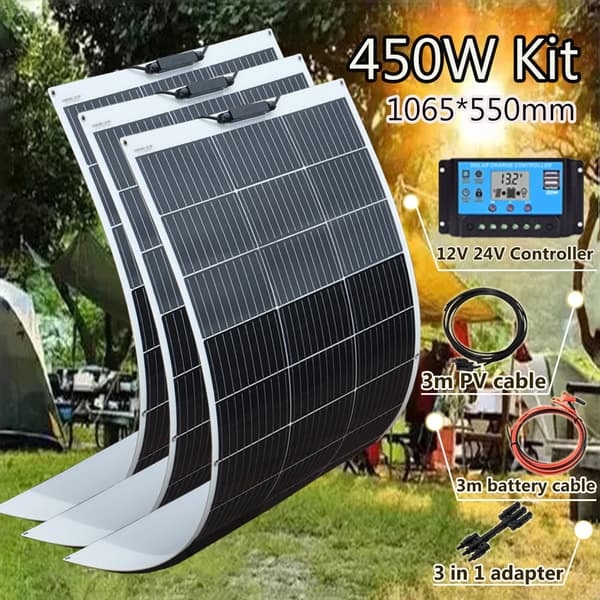 Fleksibelt Solpanel Kit, 600W Strøm, 4 Panel Konfiguration,450w 3stk 150w sæt