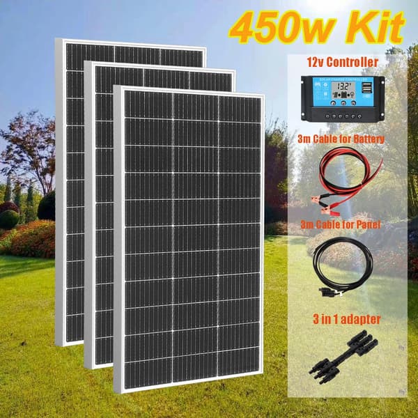 Solpanel, 600w maksimal effekt, monokrystallinsk effektivitet 21,8%, vejrbestandigt design,450w 3stk 150w sæt