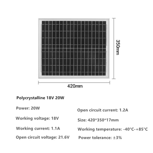 Solpanel, 20W effektutgång, kompakt storlek,Poly 18V 20W