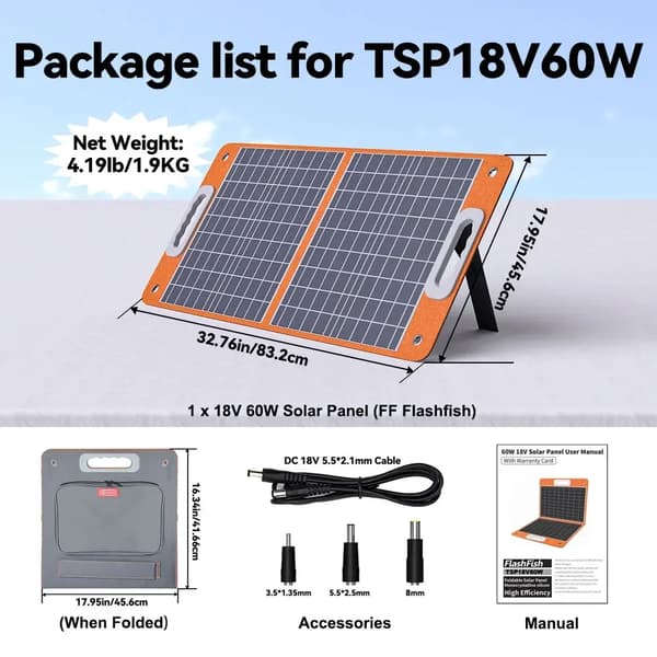 Foldbar soloplader, 60W nominel effekt, letvægts og bærbar,TSP18V60W