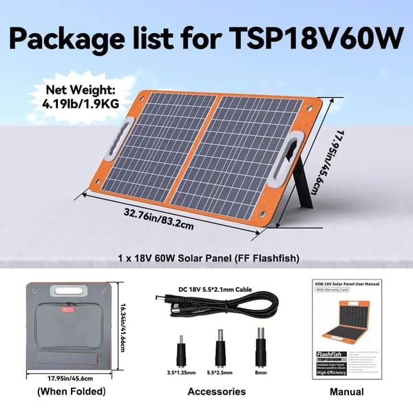 Fällbart solpanel, 60W/100W nominell effekt, USB-C QC3.0 snabbladdning,TSP18V60W