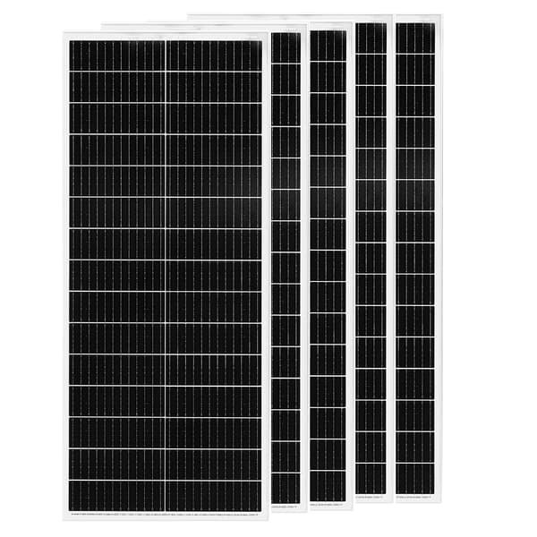 Solpanel, maksimal effekt 100W, dimensioner 44,33 x 18,03 tommer, modul effektivitet 24%,5Stk100W (500W)