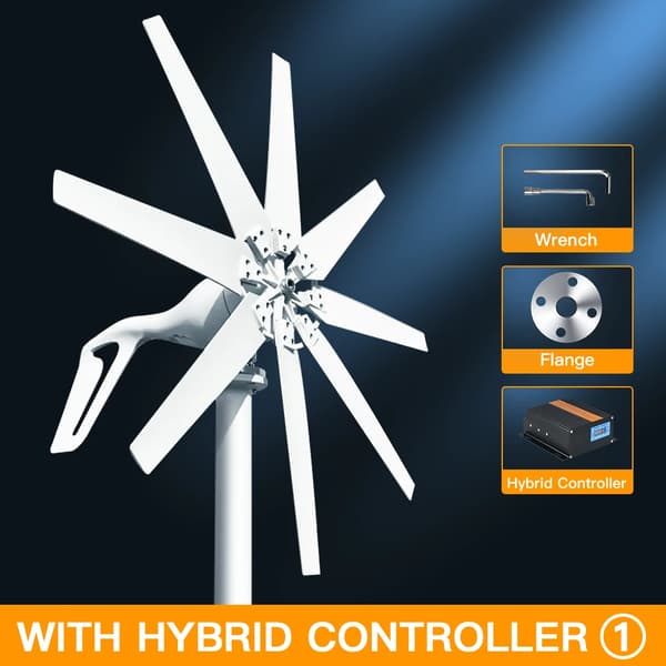 1000W Vindkraftgenerator, LCD Hybridkontroll, 8 Blad,24V, MPPT Hybrid Kontroll, 1000W