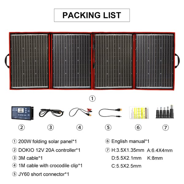 Fällbart solpanel, 12V kontroller, portabla kablar ingår,200w