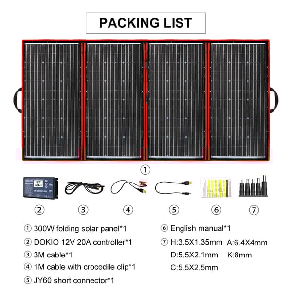 Folding solpanel, 12V controller, bærbare kabler inkluderet,300w