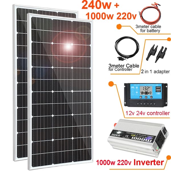 Solpanelssats, 240w Effektutgång, Monokristallin Effektivitet,240 watt 12 volt x1000 watt 220 volt