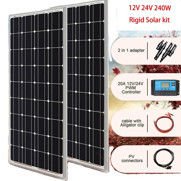 Solpanel, Hærdet glas, Vindtæt, 12V 240W solarkit
