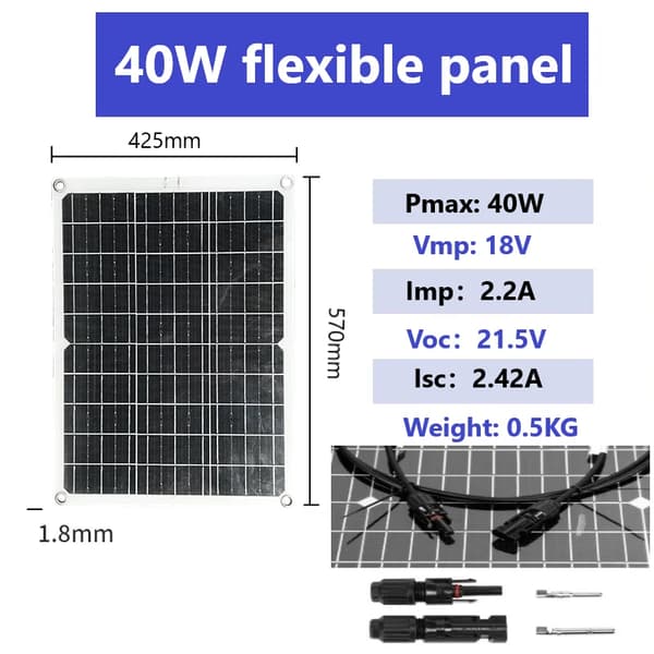 Solpaneler, 40W effektudgang, bærbar og fleksibelt design., 40W solpanel