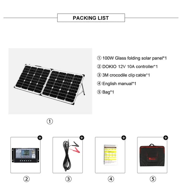 Hopfällbar solpanel, 100W effektutgång, USB-kontroll, Monokristallin