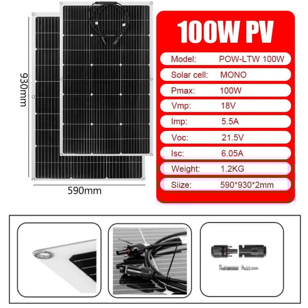 100W Solpanel Kit, Monokristallin, Lätt och Flexibel Design,100W (2ST) ENDAST