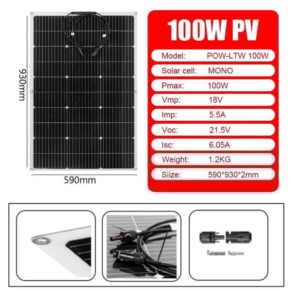 100W Solpanel Kit, Monokristallin, Lätt och Flexibel Design,100W solpanel ENDAST