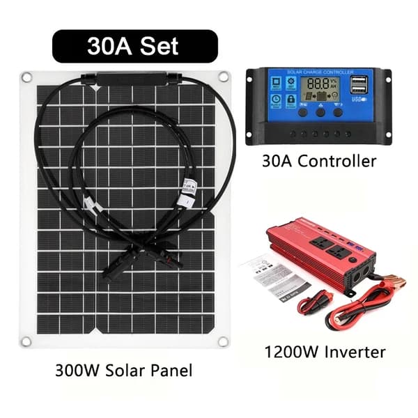 Solenergisystem, 300W solpanel, 1200W växelriktare, 30A laddningsregulator,Solpanel kit