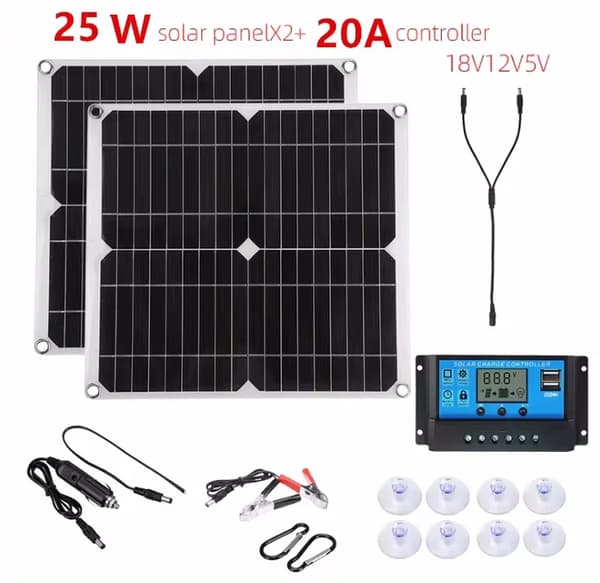 Solpanelkit, 25W effektudgang, 20A controller, dual USB-udgang,2X25W 20A