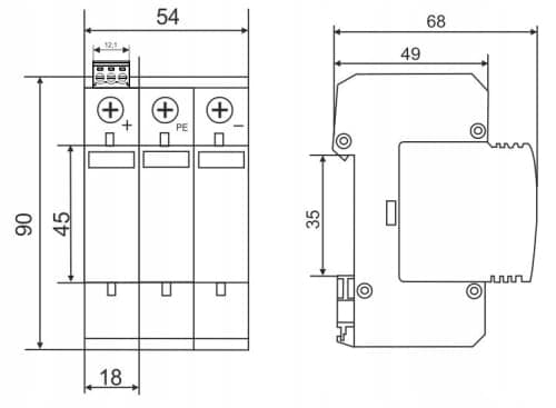 Fotovoltaisk overspændingsbeskytter 1000V DC 3P Type 1 Type 2