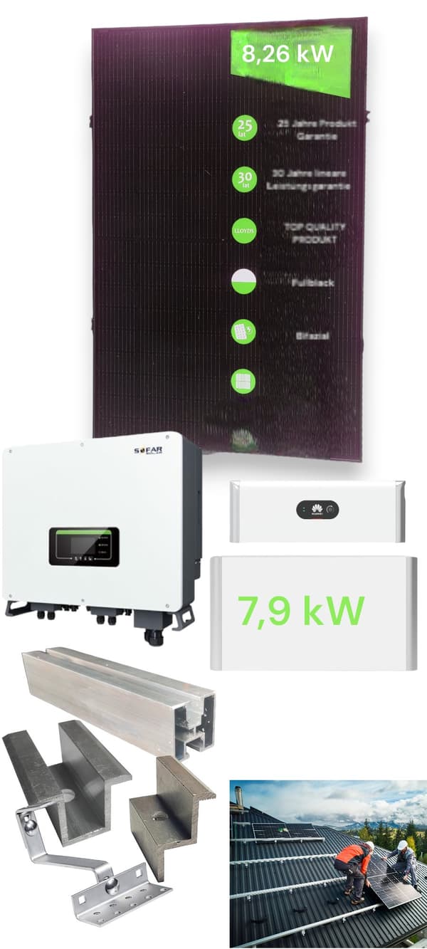 Solcelleanlæg 8,26 kW komplet med 7,9 kWh lagring + monteringssystem | JaSolar 435 Wp | Sofar 8 kW