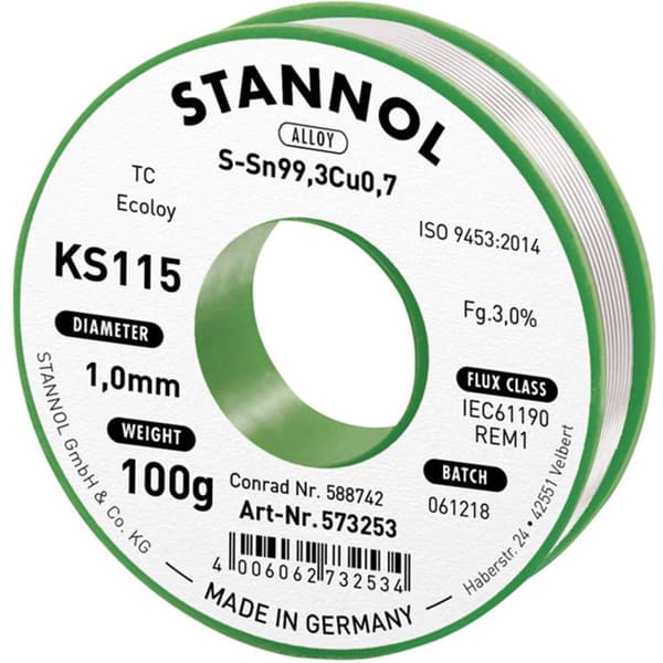 Stannol KS115 Lödtenn, blyfri Spole Sn99,3Cu0,7 100 g 1 mm