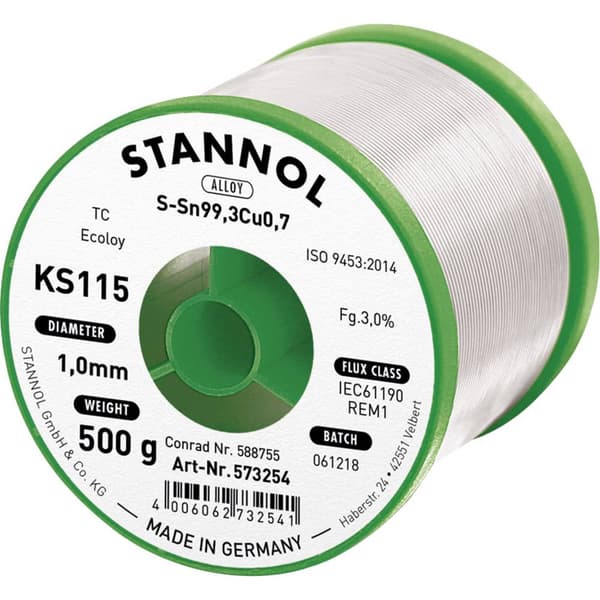 Stannol KS115 Lödtenn, blyfri Spole Sn99,3Cu0,7 500 g 1 mm
