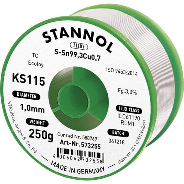 Stannol KS115 Lödtenn, blyfri Spole Sn99,3Cu0,7 250 g 1 mm