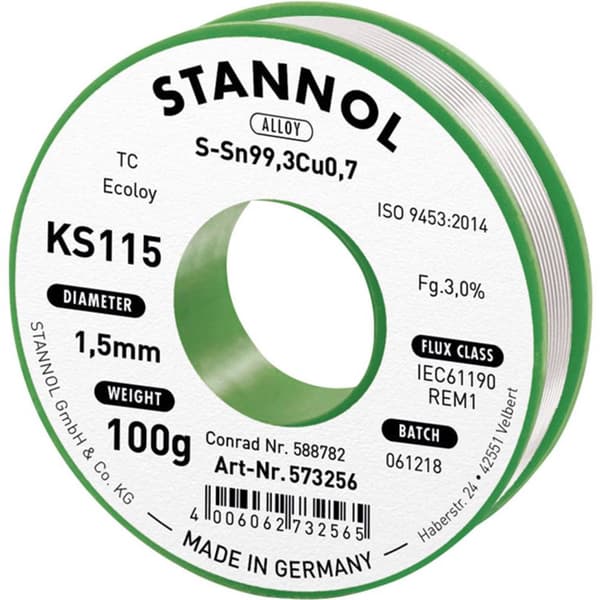 Stannol KS115 Lödtenn, blyfri Spole Sn99,3Cu0,7 100 g 1.5 mm