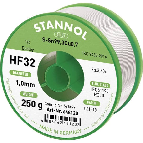 Stannol HF32 3500 Lödtenn, blyfri Spole Sn99,3Cu0,7 250 g 1 mm