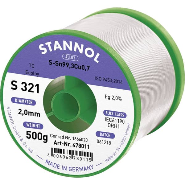 Stannol S321 2,0% 2,0MM SN99,3CU0,7CD 500G Lödtenn, blyfri Blyfri, Spole Sn99,3Cu0,7 500 g 2 mm
