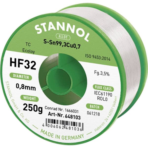 Stannol HF32 3,5% 0,8MM SN99CU0,7 CD 250G Lödtenn, blyfri Blyfri Sn99,3Cu0,7 250 g 0.8 mm
