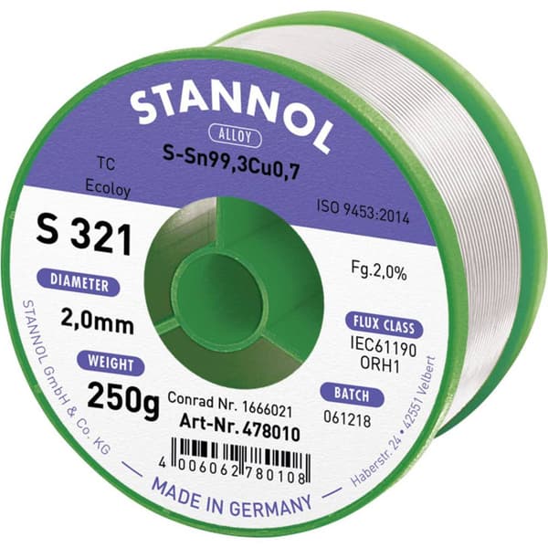 Stannol S321 2,0% 2,0MM SN99,3CU0,7 CD 250G Lödtenn, blyfri Blyfri, Spole Sn99,3Cu0,7 250 g 2 mm