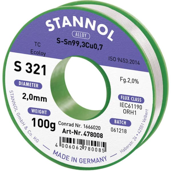 Stannol S321 2,0% 2,0MM SN99,3CU0,7 CD 100G Lödtenn, blyfri Blyfri, Spole Sn99,3Cu0,7 100 g 2 mm