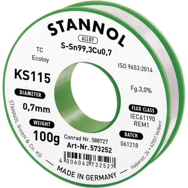 Stannol KS115 Lödtenn, blyfri Spole Sn99,3Cu0,7 100 g 0.7 mm