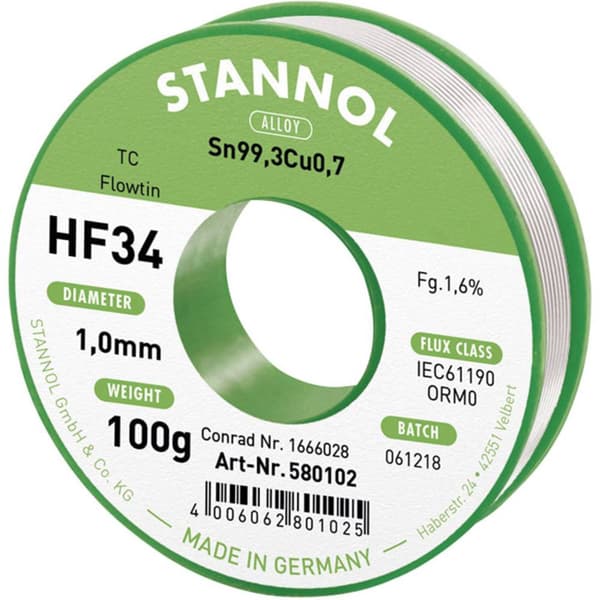 Stannol HF34 1,6% 1,0MM FLOWTIN TC CD 100G Lödtenn, blyfri Spole, Blyfri Sn99,3Cu0,7 100 g 1 mm