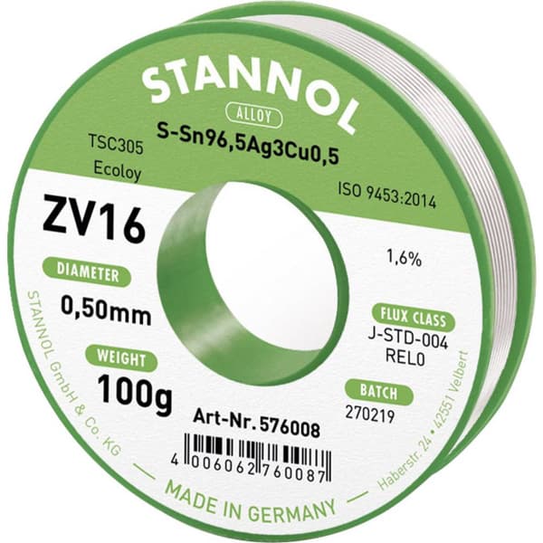 Stannol ZV16 Lödtenn, blyfri Blyfri Sn96,5Ag3Cu0,5 100 g 0.5 mm