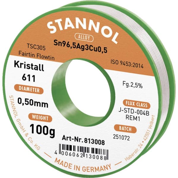 Stannol Kristall 611 Fairtin Lödtenn, blyfri Blyfri Sn96,5Ag3Cu0,5 100 g 0.5 mm