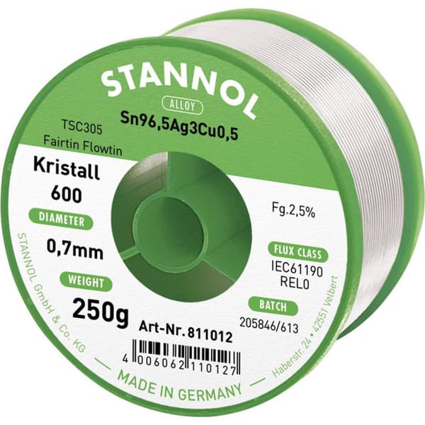 Stannol Kristall 600 Fairtin Lödtenn, blyfri Blyfri Sn96,5Ag3Cu0,5 250 g 0.7 mm
