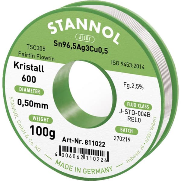 Stannol Kristall 600 Fairtin Lödtenn, blyfri Blyfri Sn96,5Ag3Cu0,5 100 g 0.5 mm