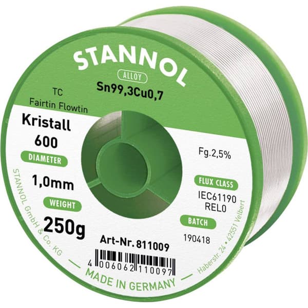 Stannol Kristall 600 Fairtin Lödtenn, blyfri Blyfri Sn99,3Cu0,7 250 g 1 mm