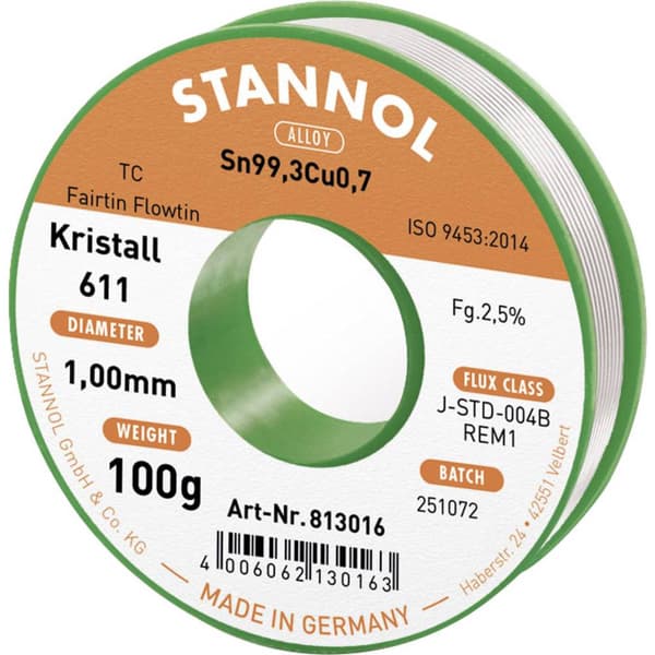 Stannol Kristall 611 Fairtin Lödtenn, blyfri Blyfri Sn99,3Cu0,7 100 g 1 mm