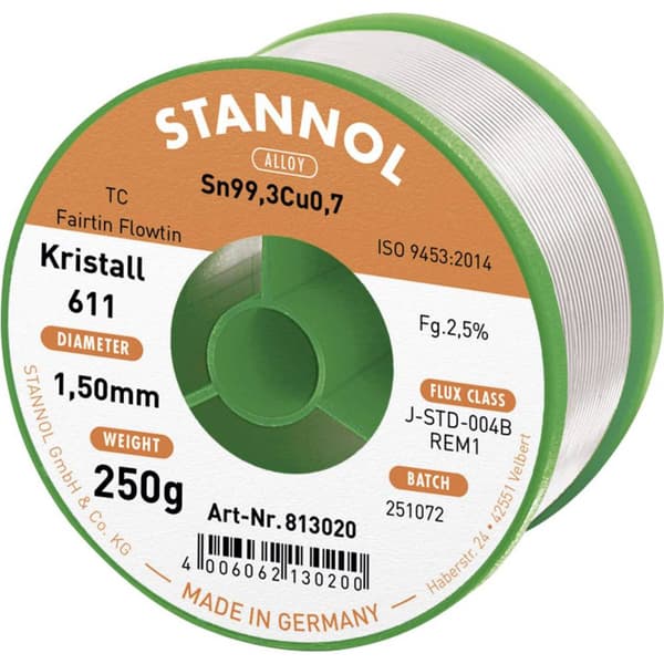 Stannol Kristall 611 Fairtin Lödtenn, blyfri Blyfri Sn99,3Cu0,7 250 g 1.5 mm