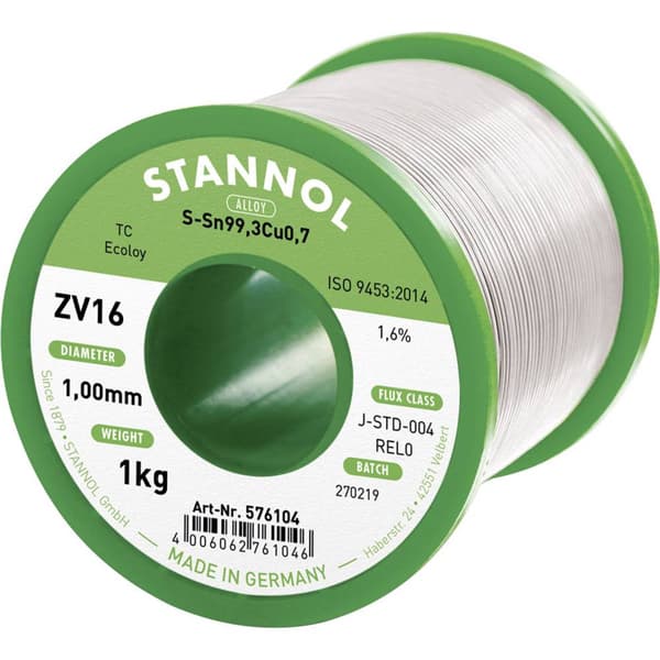 Stannol ZV16 Lödtenn, blyfri Blyfri Sn99,3Cu0,7 1000 g 1 mm
