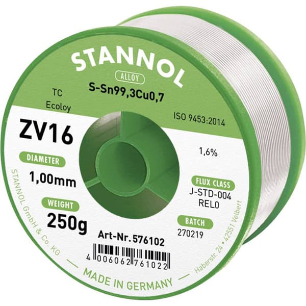 Stannol ZV16 Lödtenn, blyfri Blyfri Sn99,3Cu0,7 250 g 1 mm