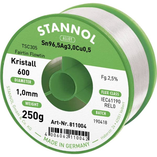 Stannol Kristall 600 Fairtin Lödtenn, blyfri Blyfri Sn96,5Ag3Cu0,5 250 g 1 mm